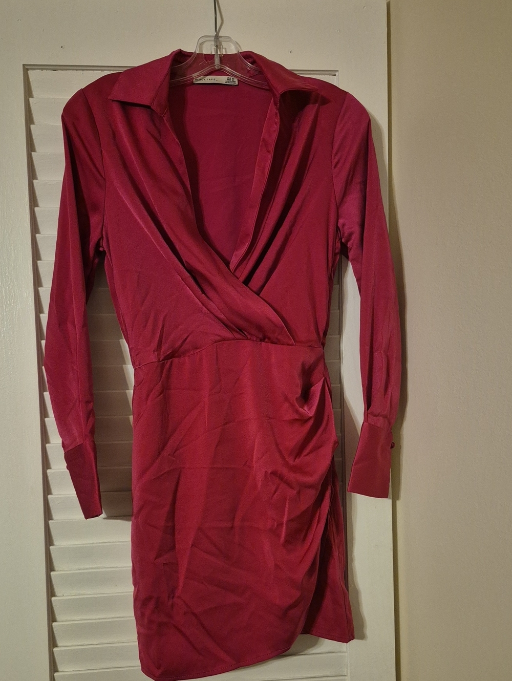 Black Tape_ Long Sleeve Wrap Dress in Fuchsia